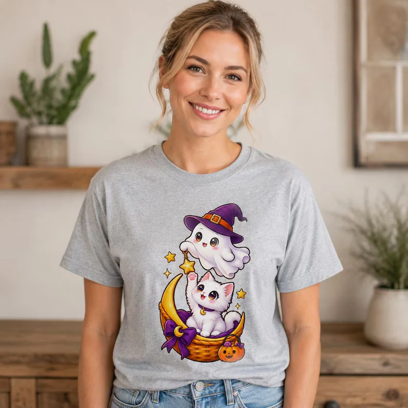 Ghost Cat Moon Shirt – Cute Witch Ghost & Kitten Halloween Tee