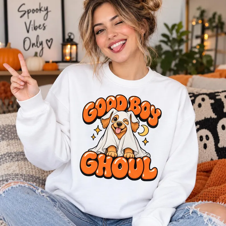 Good Boy Ghoul Halloween Sweatshirt – Cute Ghost Dog Retro Halloween Crewneck