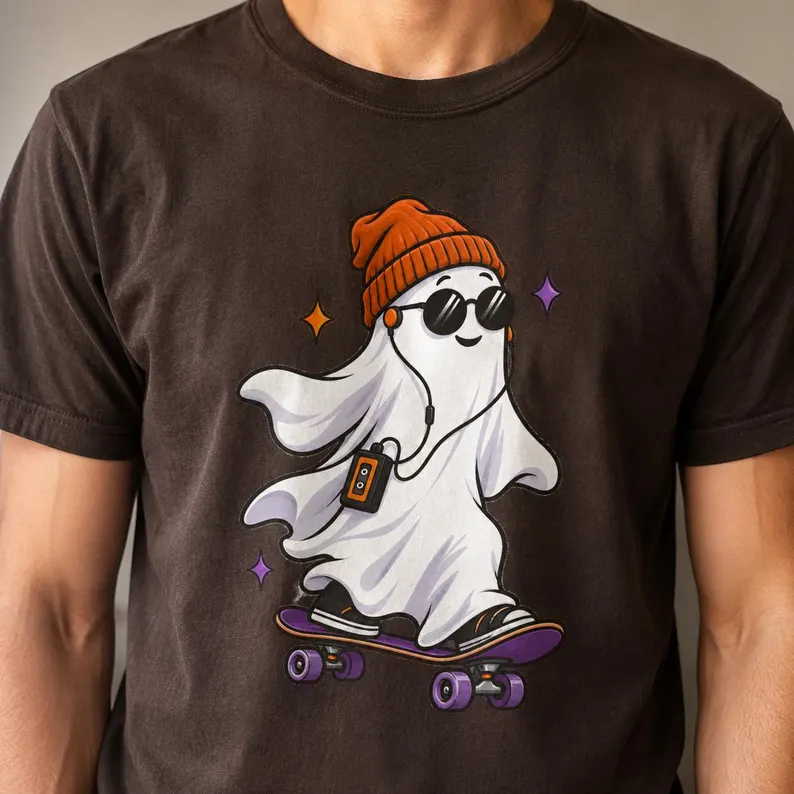 Ghost T Shirt – Cute Skater Ghost Halloween Shirt with Skateboard Graphic