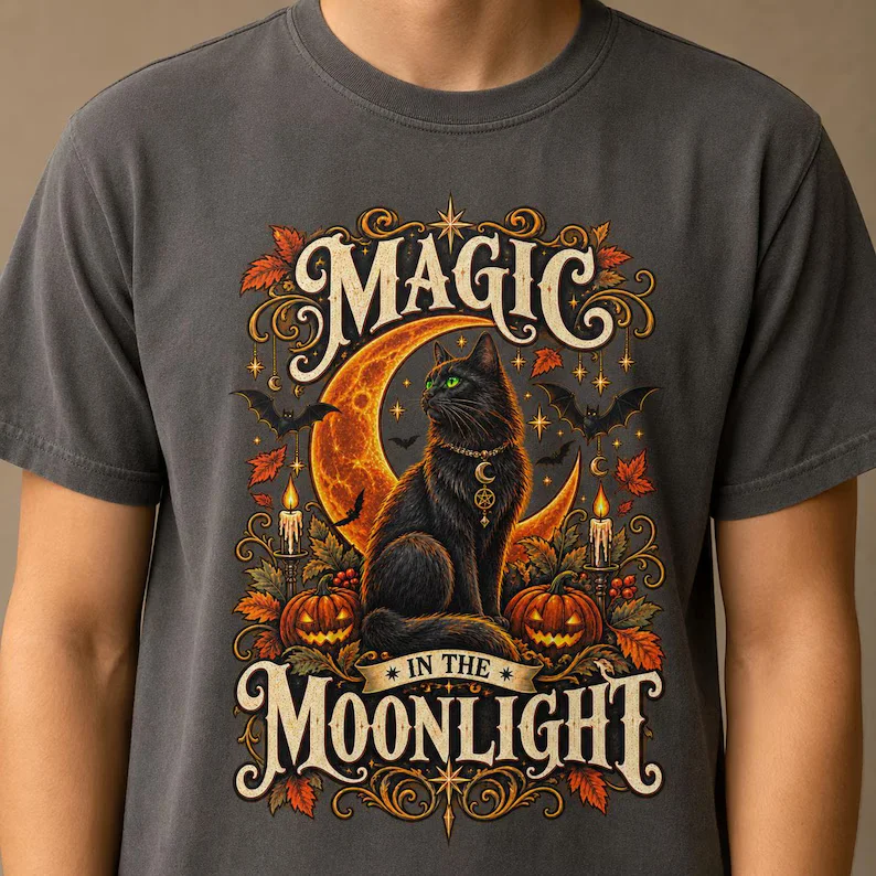 Black Cat Vintage Halloween Shirt – Witch Cat Pumpkin Graphic Tee