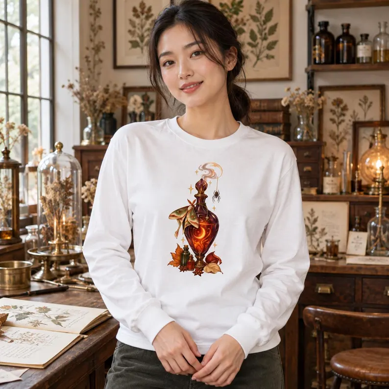 Witchy Potion Bottle Long Sleeve Shirt – Halloween Mushroom & Spider Graphic Tee