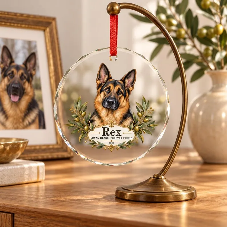 Personalized German Shepherd Ornament – Custom Dog Name 3-Inch Crystal Glass Christmas Keepsake