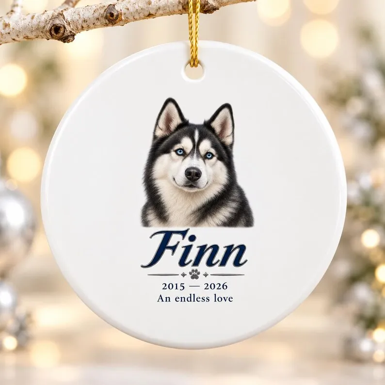 Personalized Husky Memorial Ornament – Custom Dog Remembrance Ceramic Heart Keepsake