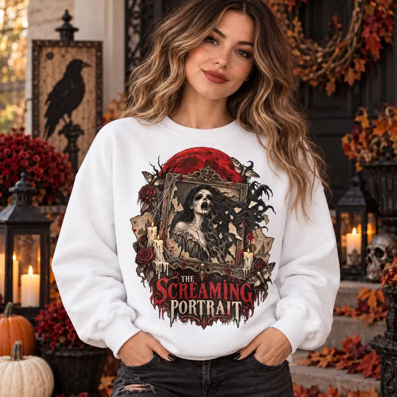 The Screaming Portrait Gothic Sweatshirt – Haunted Woman Horror Crewneck