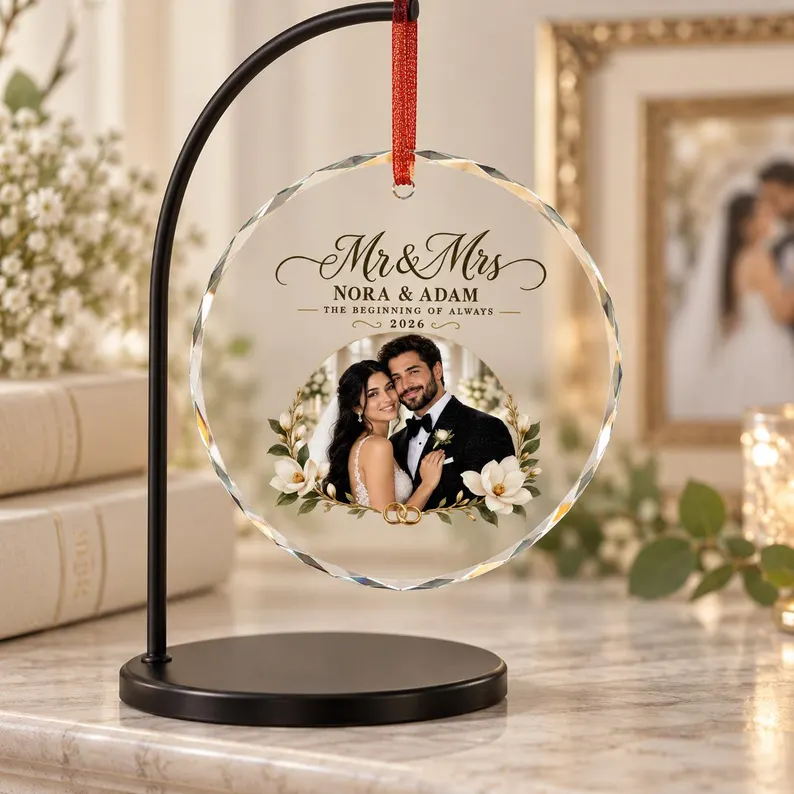 Personalized Wedding Photo Ornament – Mr & Mrs Crystal Glass Christmas Keepsake
