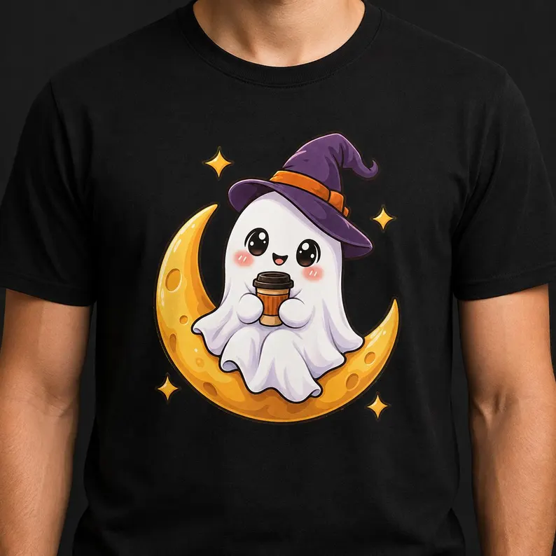 Cute Ghost Coffee T Shirt – Witch Hat Crescent Moon Halloween Tee