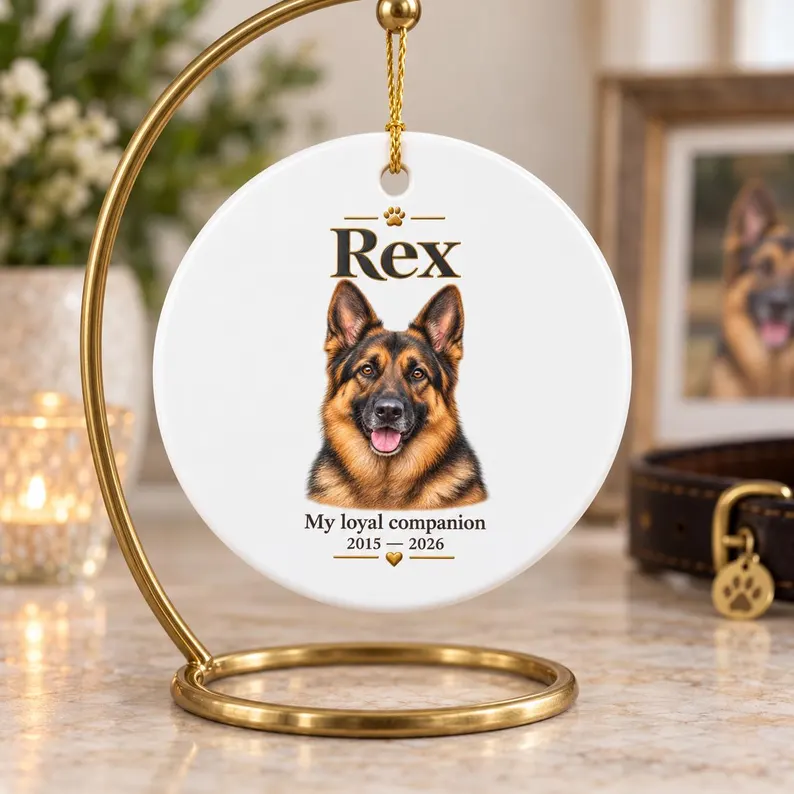 Personalized German Shepherd Memorial Ornament – Ceramic Heart Dog Keepsake