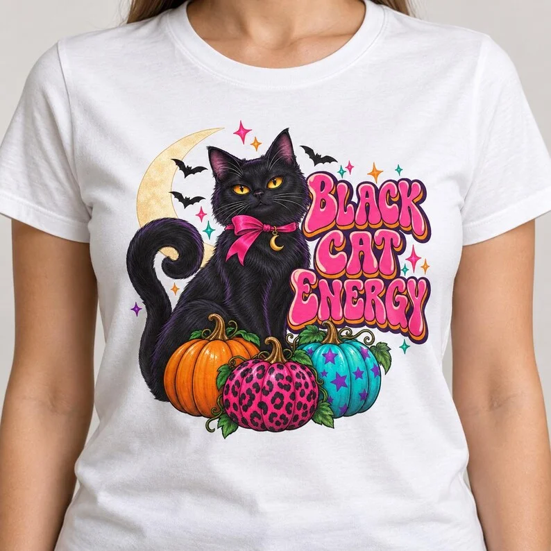 Black Cat Energy Halloween T-Shirt – Colorful Pumpkin & Moon Graphic Tee