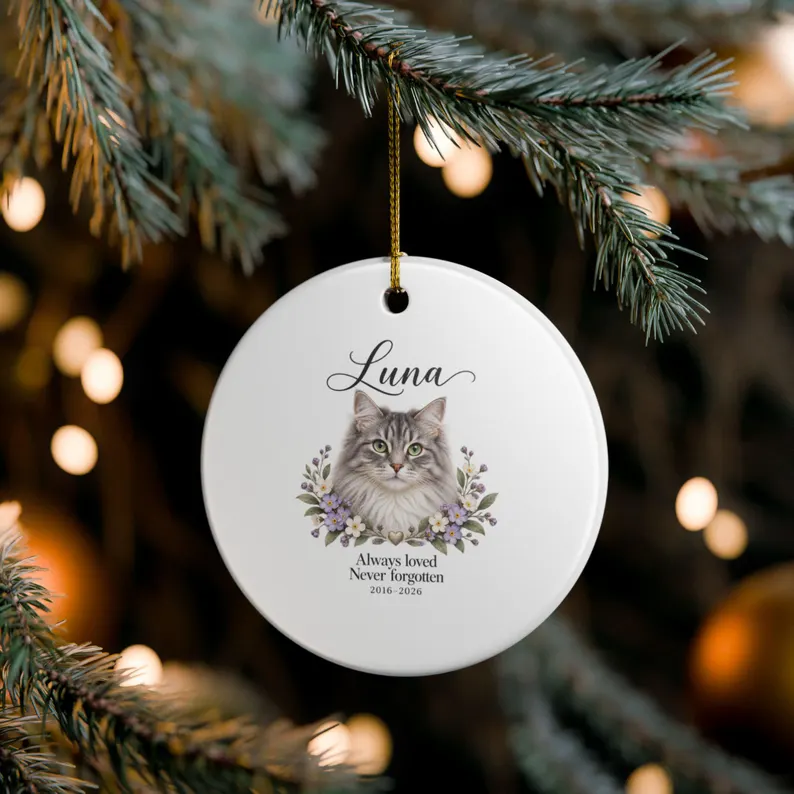 Personalized Cat Memorial Ornament – Custom Pet Remembrance Ceramic Heart Keepsake