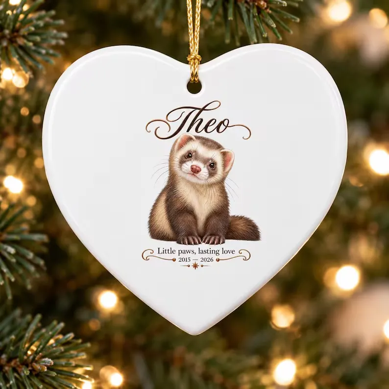 Personalized Ferret Christmas Ornament – Custom Heart Ceramic Pet Keepsake