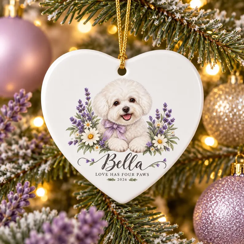 Personalized Bichon Frise Dog Ornament – Custom Floral Ceramic Heart Christmas Keepsake