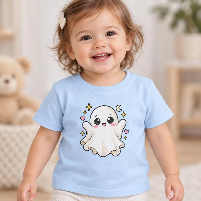 Kawaii Ghost Infant T-Shirt – Cute Halloween Baby Tee with Moonlit Ghost