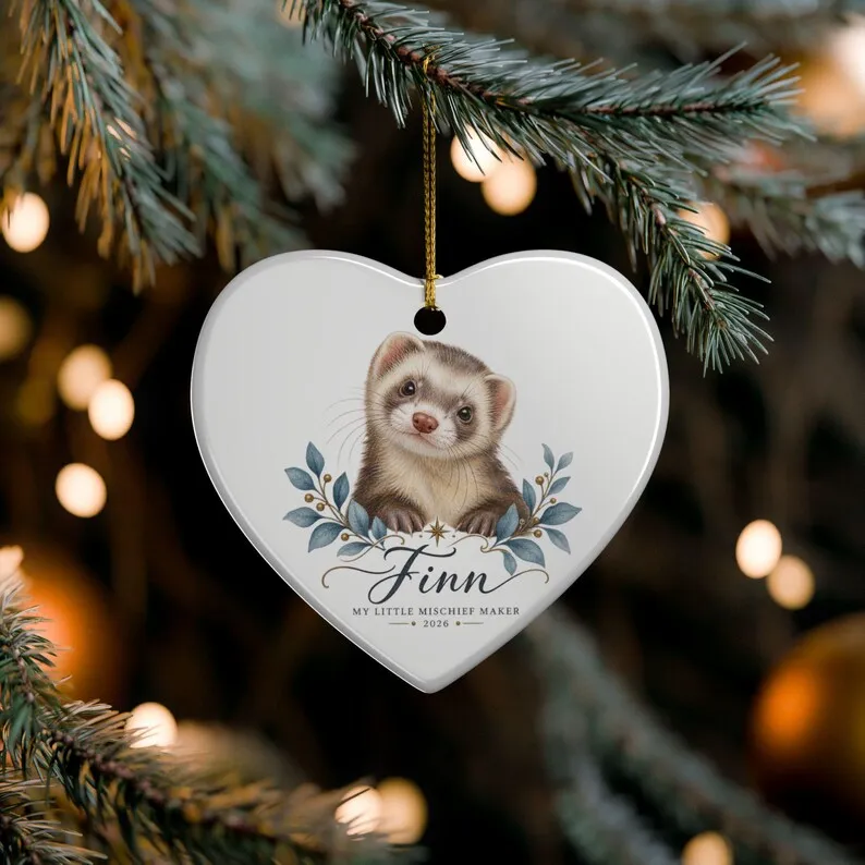 Personalized Ferret Ornament – Custom Name Ceramic Christmas Keepsake with Blue Foliage