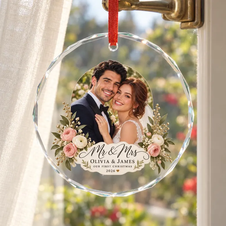 Personalized Wedding Photo Ornament – Custom Crystal Glass Mr & Mrs Keepsake