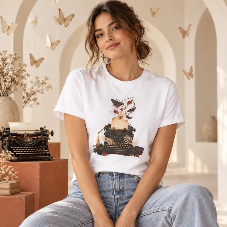 Vintage Typewriter T-Shirt – Literary Book Lover Graphic Tee with Autumn Leaves