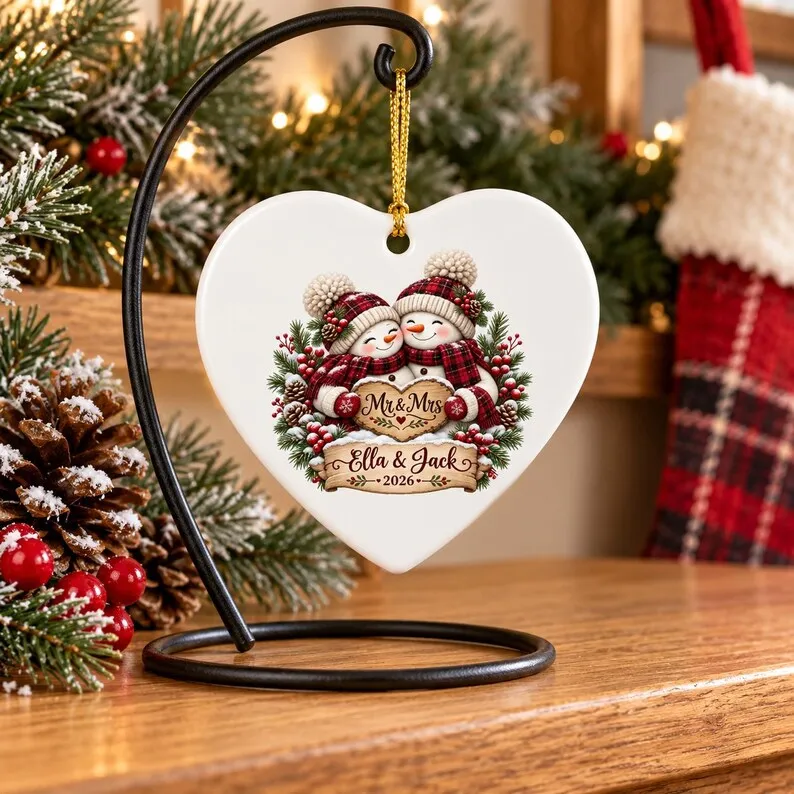 Personalized Snowman Couple Ornament – Custom Mr & Mrs Ceramic Christmas Keepsake