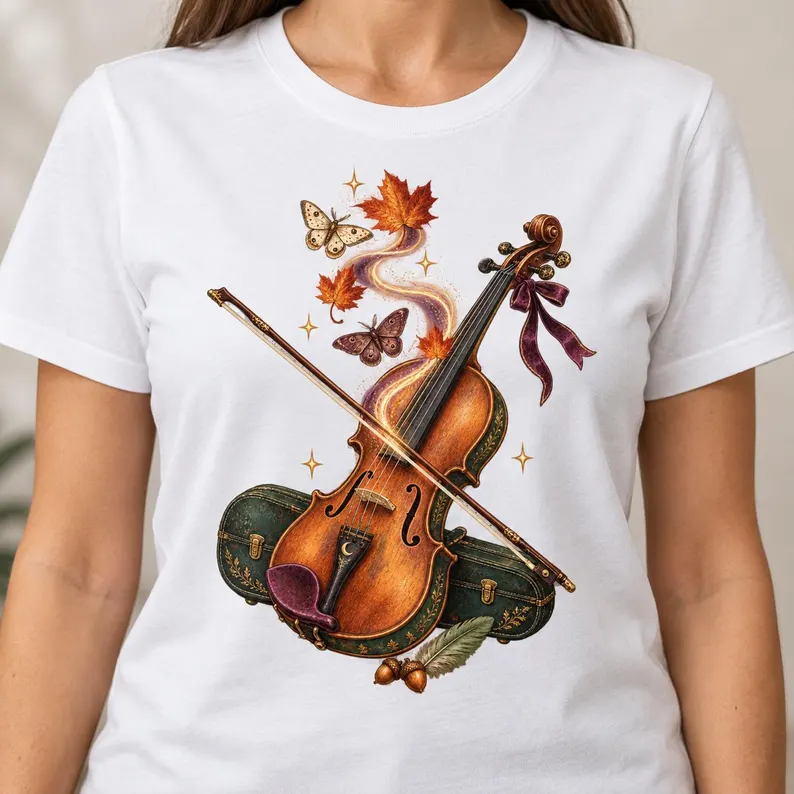 Autumn Cello T-Shirt – Classical Music Graphic Tee with Fall Leaves