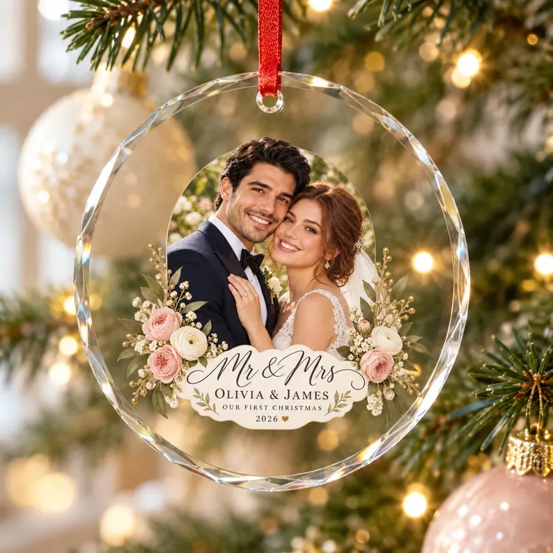 Personalized Wedding Photo Ornament – First Christmas Married 3-Inch Crystal Glass Keepsake