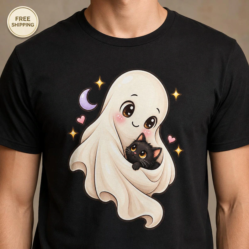 Ghost Cat Shirt – Cute Black Cat Halloween Ghost T-Shirt