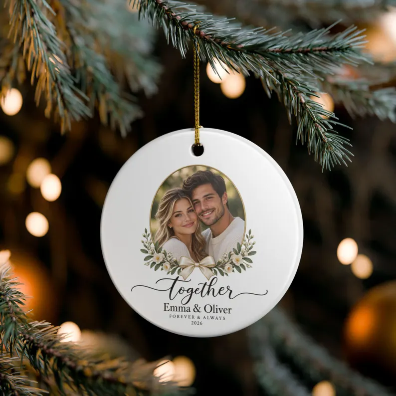 Personalized Couple Photo Christmas Ornament – Custom Ceramic Heart Keepsake with Names & Year