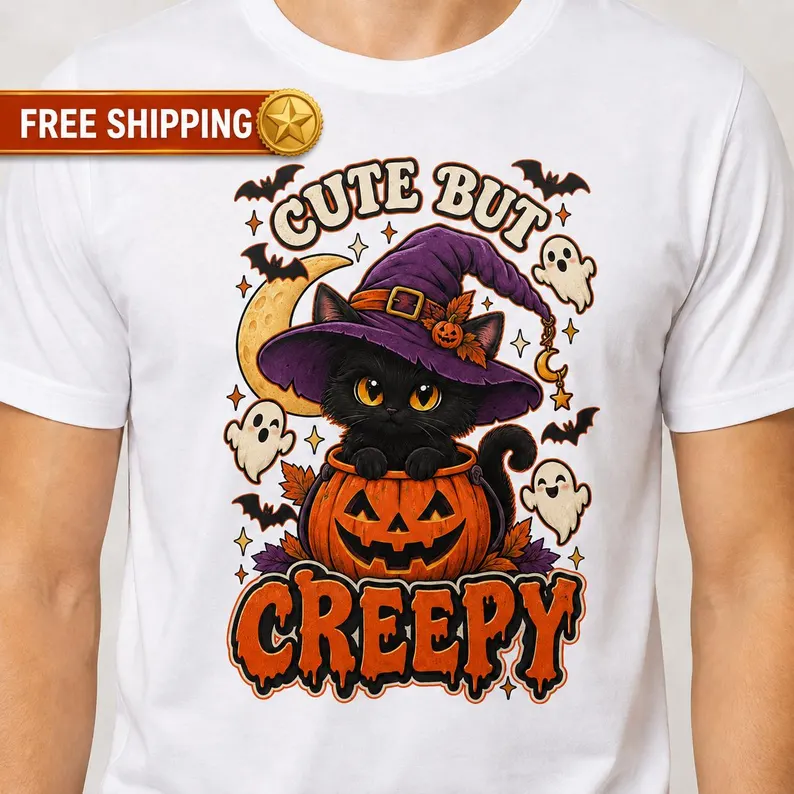 Black Cat Shirt – Cute But Creepy Halloween Cat Pumpkin Graphic Tee
