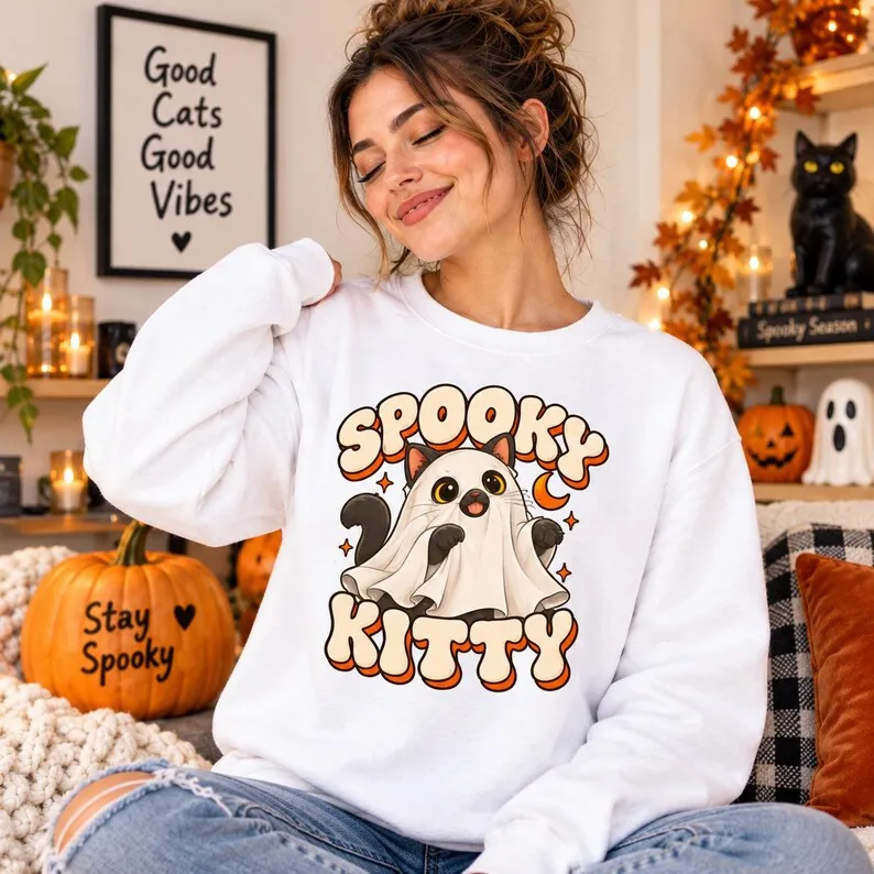 Spooky Kitty Halloween Sweatshirt – Cute Ghost Cat Retro Halloween Crewneck