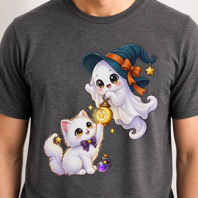 Ghost Cat Shirt – Cute Witch Ghost & Kitten Halloween Tee