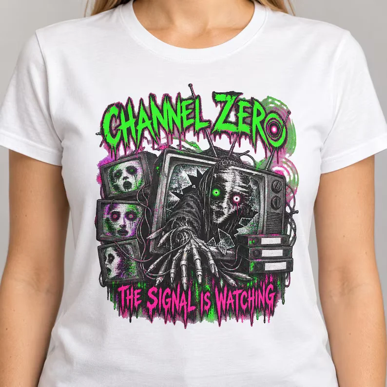 Horror TV Graphic T-Shirt – Neon Gothic Halloween Tee