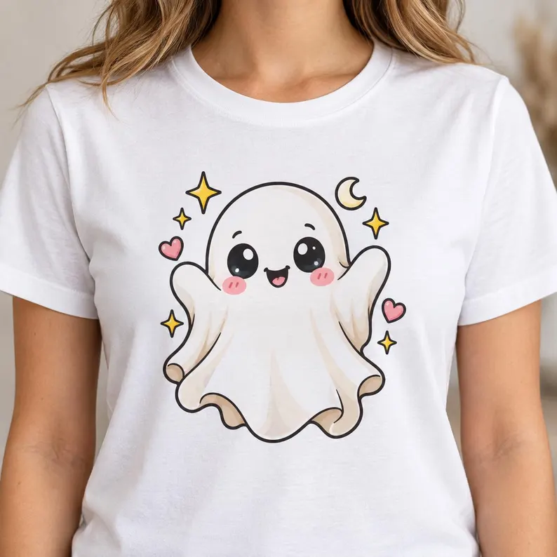 Cute Ghost Halloween T-Shirt – Kawaii Moon & Hearts Graphic Tee