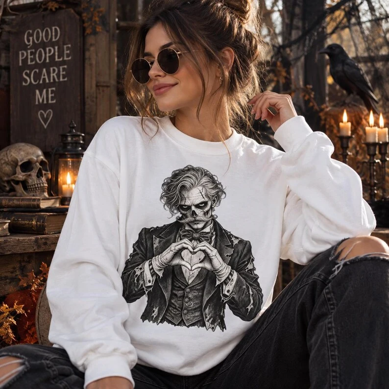 Gothic Skeleton Sweatshirt – Heart Hands Skull Portrait Horror Crewneck