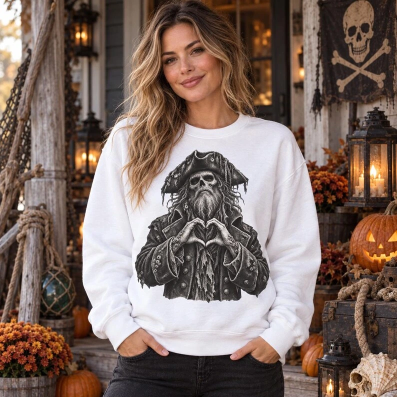Skeleton Pirate Sweatshirt – Gothic Skull Heart Hands Halloween Crewneck
